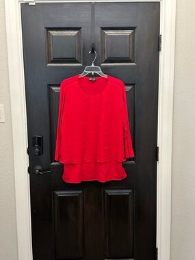 DG2 by Diane Gorman Layered Red Women's Blouse - Stylish Long Sleeve Top Large